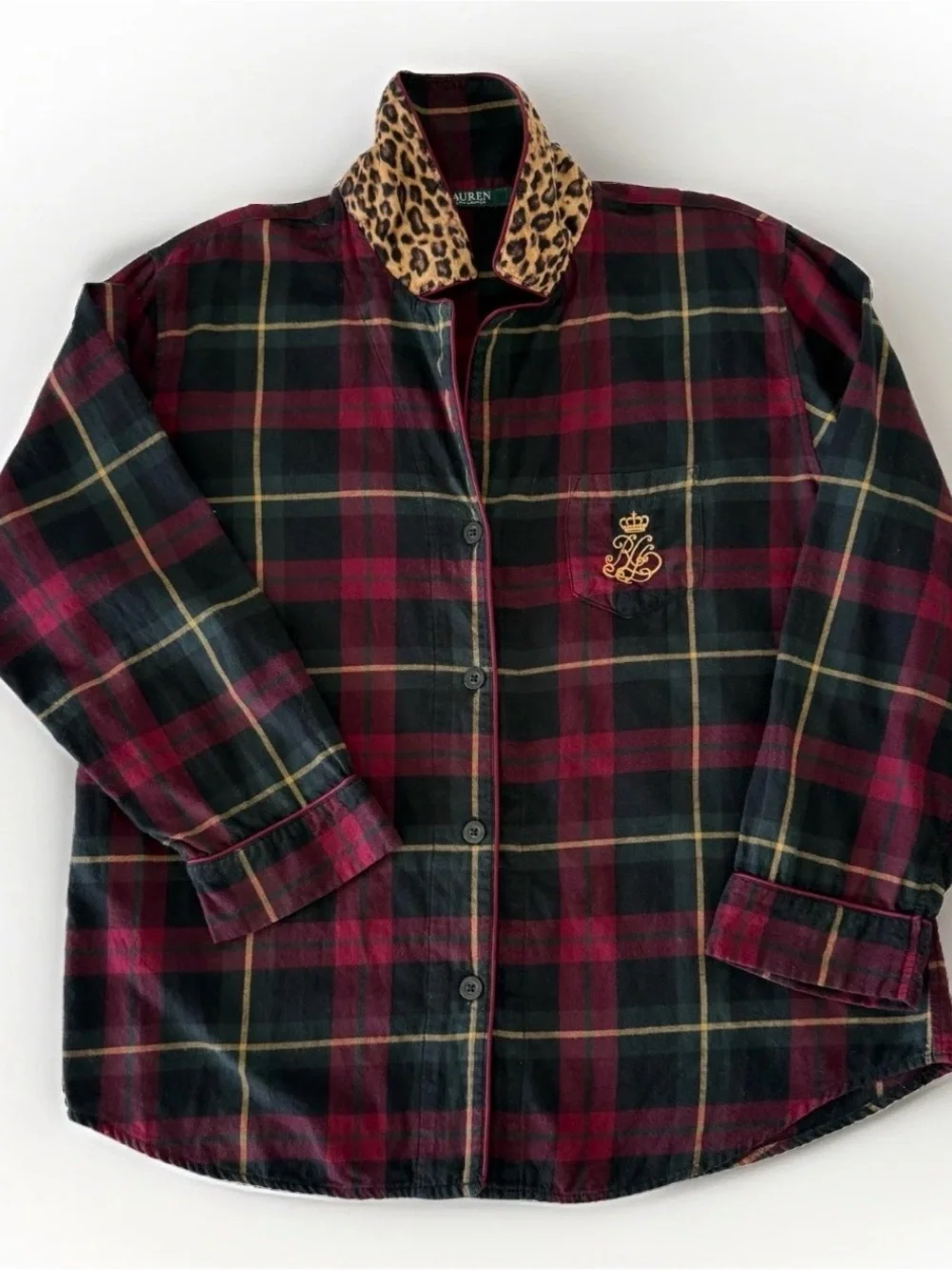 LAUREN Ralph Lauren Tartan Plaid Logo Flannel Leopard Collar Pajama Set Women XL